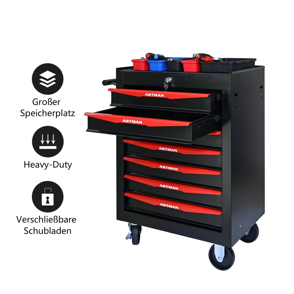 Mobile contenitore con 7 cassetti e serratura con guide a sfere; per garage e officina; in acciaio; nero rosso