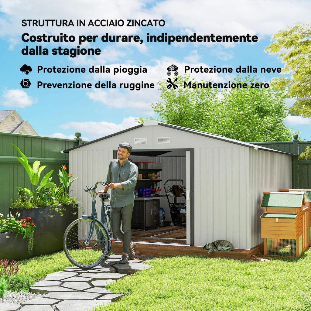 Casetta da Giardino 3.4x3.8x2 m in Acciaio con Doppia Porta Scorrevole e Tetto Inclinato, Argento