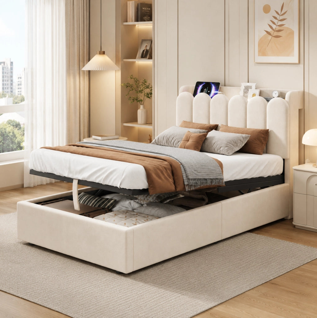 Letto singolo imbottito con contenitore idraulico 90x200 cm; in velluto beige; con USB e luce notturna