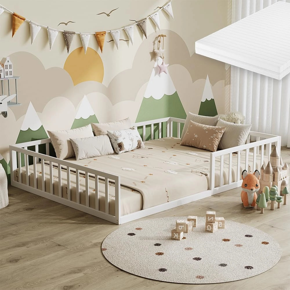 Letto a pavimento Minno 140x200 cm, letto bambini Montessori in metallo con protezione anticaduta e materasso, bianco