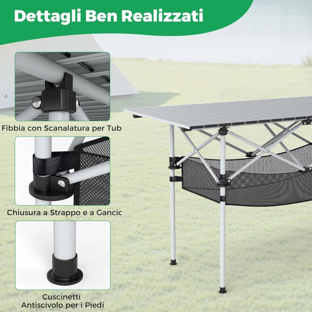 Tavolo da Campeggio Pieghevole in Alluminio, Portatile con Cestello in Rete e Borsa, Portata 100kg per Giardino Spiaggia Pesca (Argenteo)