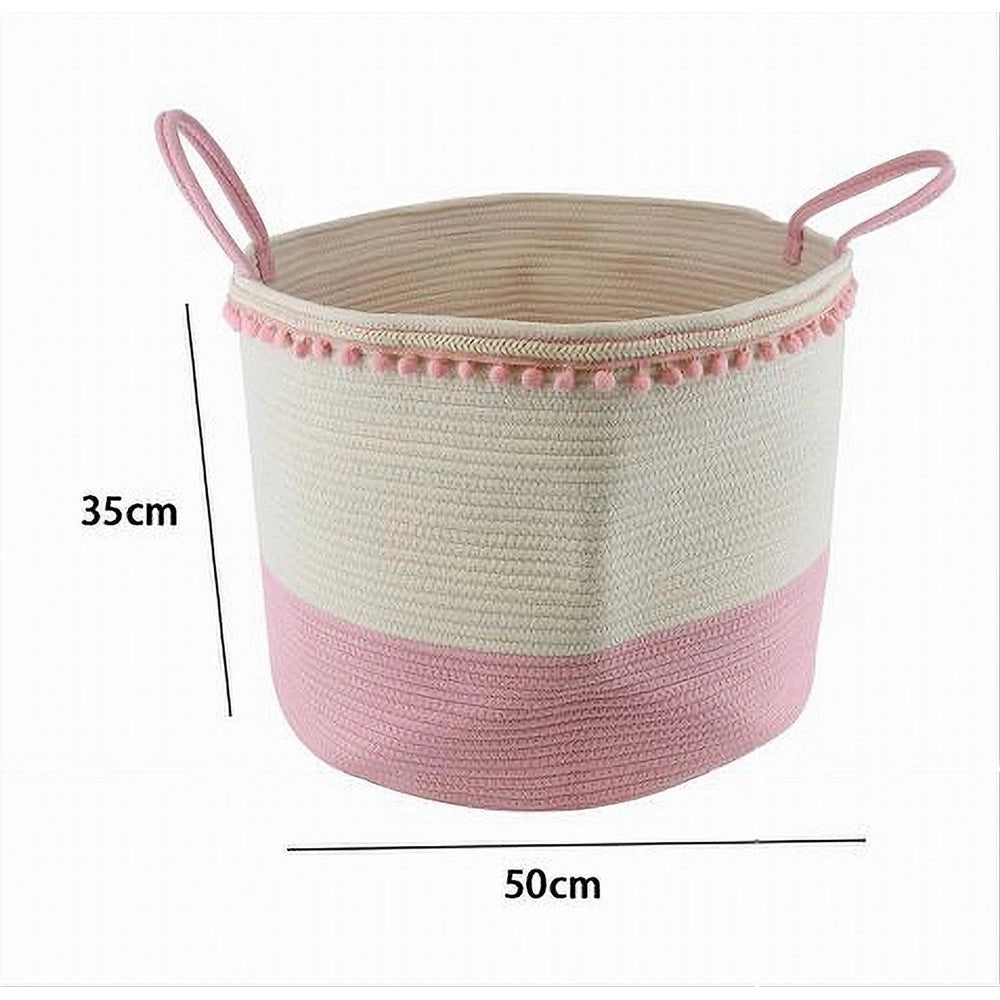 Trade Shop - Cesto Portaoggetti Per Biancheria In Corda Pon Pon Rosa Con Manici 50x35cm 10669 -