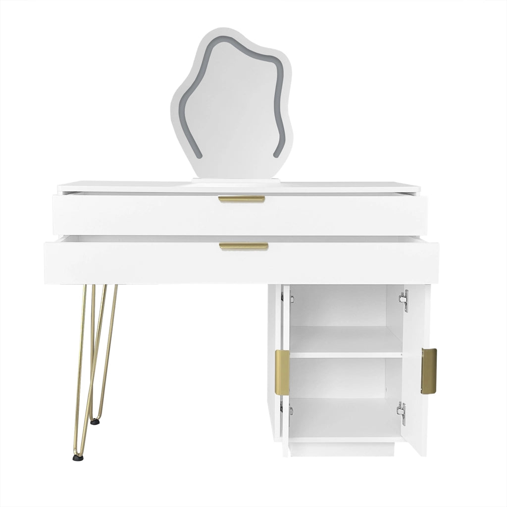 Toeletta bianca con specchio LED a 3 luci, due cassetti e design scorrevole