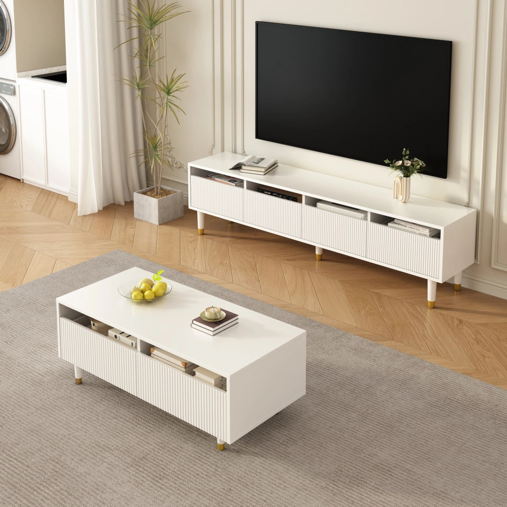 Tavolino da caffè con 2 Cassetti e LED 7 Colori; Frontale Ondulato; Gambe Legno Massello Oro-Bianco; MDF; Bianco