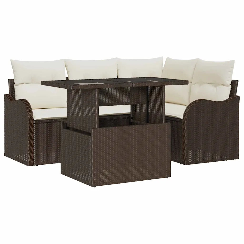 Set da pranzo per esterni con cuscino 5 pcs Marrone Poly Rattan