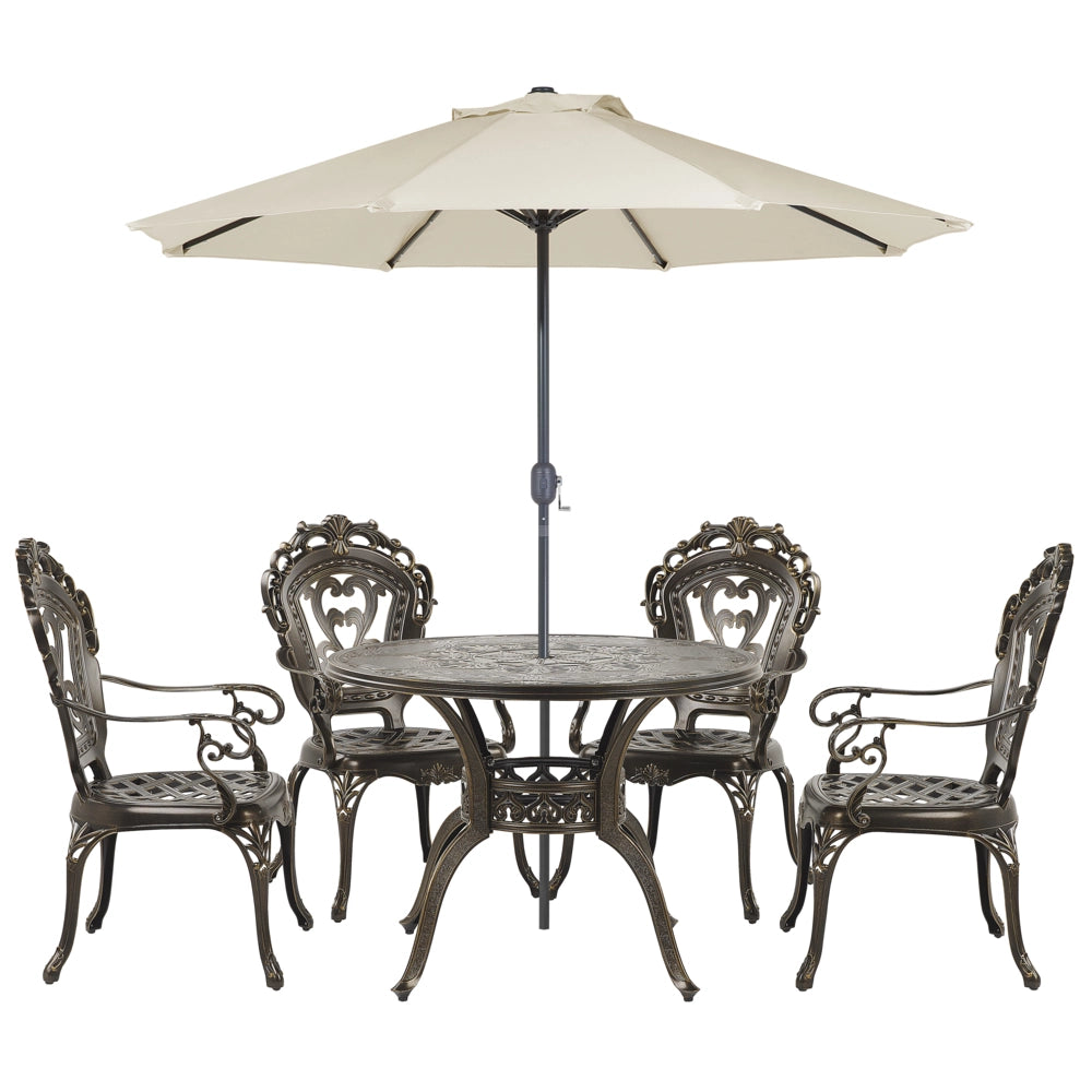Set da pranzo da giardino tavolo rotondo da esterno alluminio marrone e ombrellone 4 sedie vintage