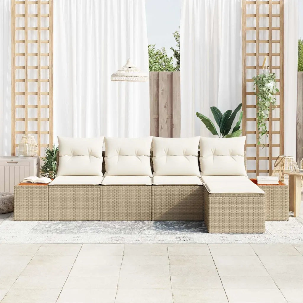 Set Divano da Giardino con cuscino 5 pcs Beige Poly Rattan
