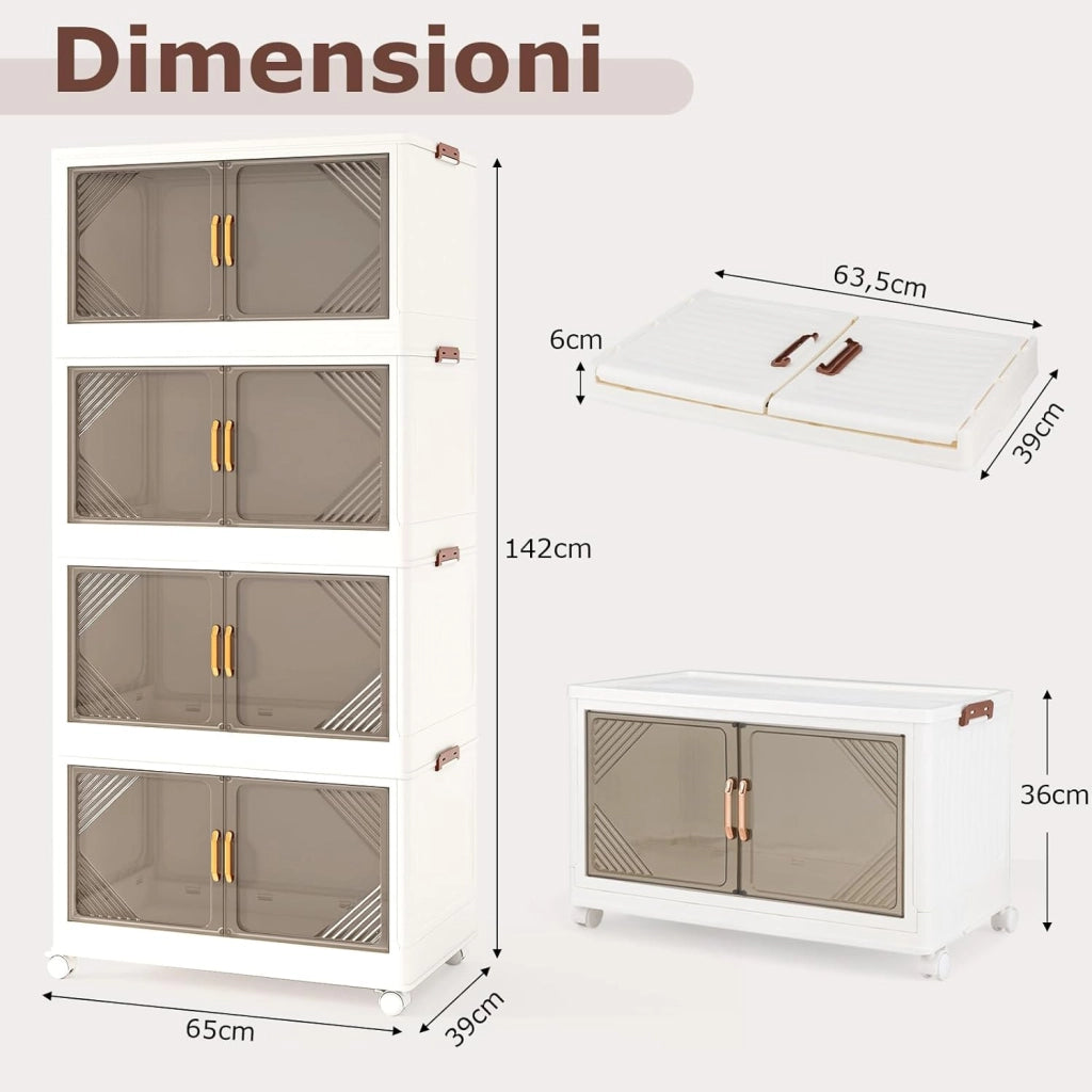 Contenitori da Stoccaggio Pieghevoli con Coperchio da 213/284 L, Scatole Impilabili a 3/4 Piani con Ruote, Organizzatore Pieghevole con Porte per Camera da Letto Soggiorno (65 x 39 x 142 cm)