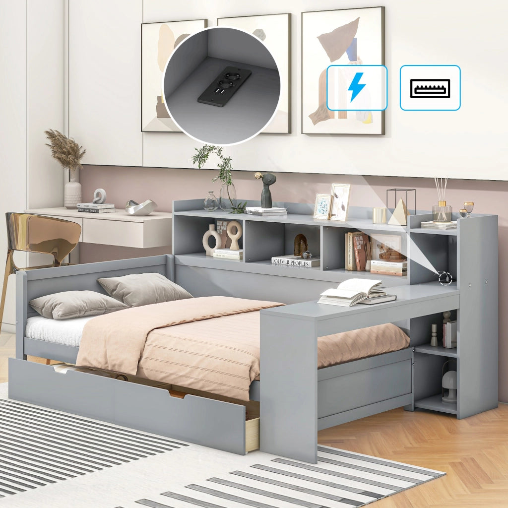 LETTO 90x200 cm con scrivania 2 cassetti USB e presa Grigio