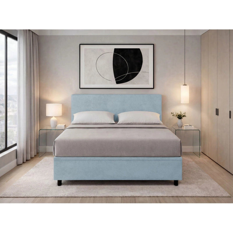 Letto imbottito Letto Matrimoniale alla Francese 140x190 cm Flat - Contenitore,Microfibra,Azzurro