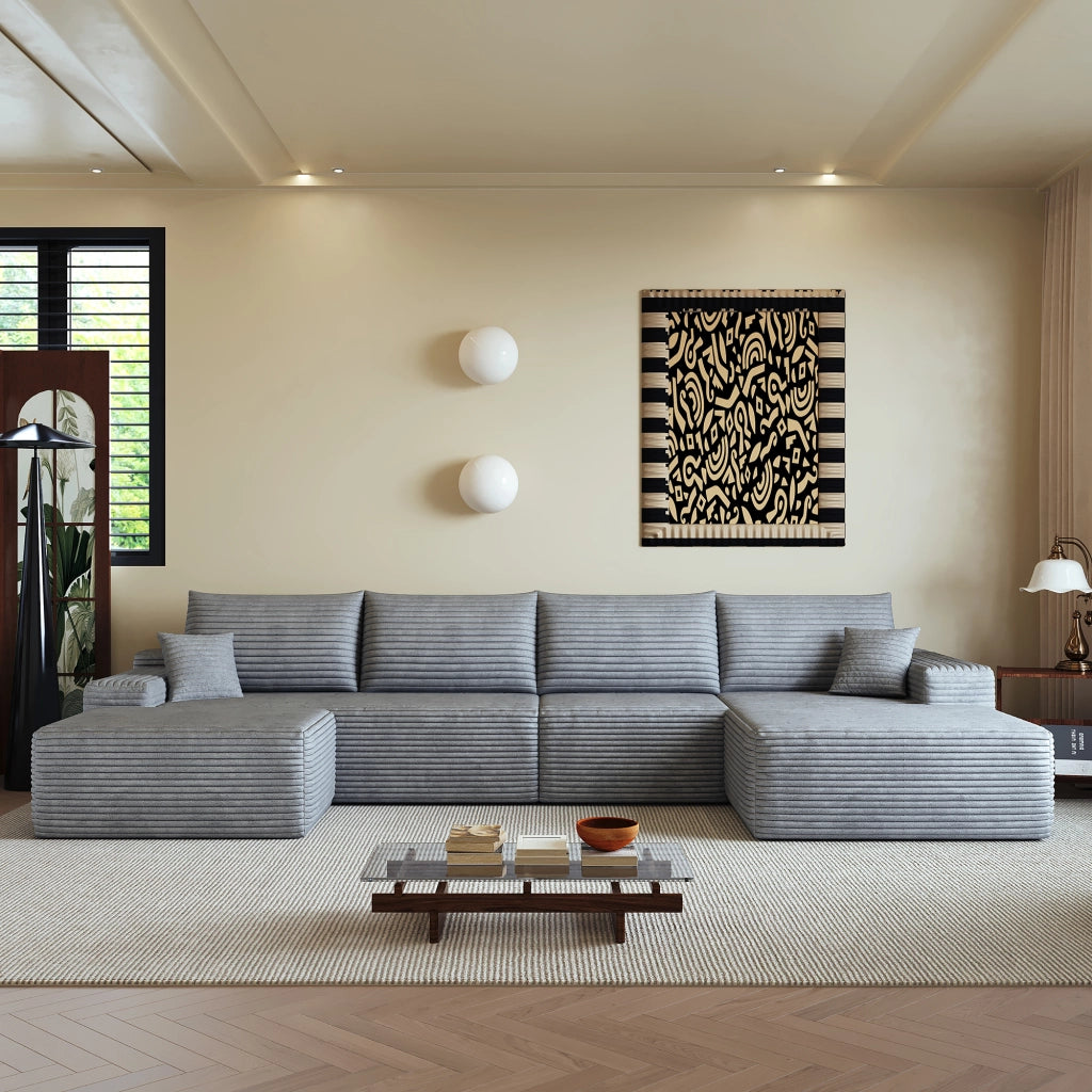 Divano angolare modulare in tessuto a coste con chaise longue e schiuma ad alta elasticità per soggiorno grigio