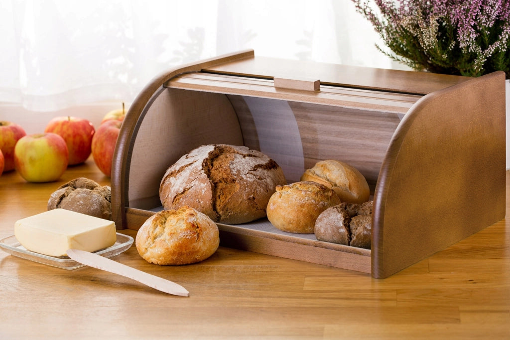 Contenitore per il pane in legno KADAX, grande, marrone massello, per panini.
