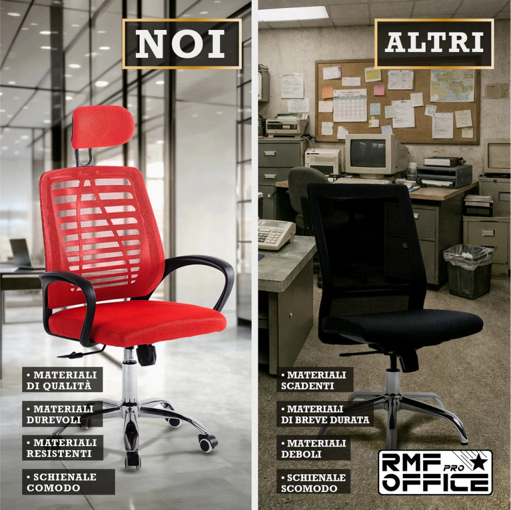 RMF Sedia Ufficio Ergonomica Professionale Reclinabile, Sedia Scrivania in Rete con Seduta Comoda e Rilassante - Poltrona Relax Ufficio con Ruote Girevoli Altezza Regolabile ROSSA