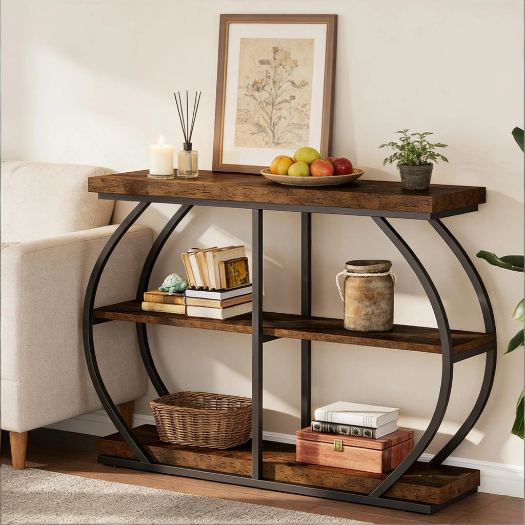 Consolle a 3 ripiani in metallo e legno marrone stile industriale per ingresso e soggiorno 105 × 24 × 80 cm