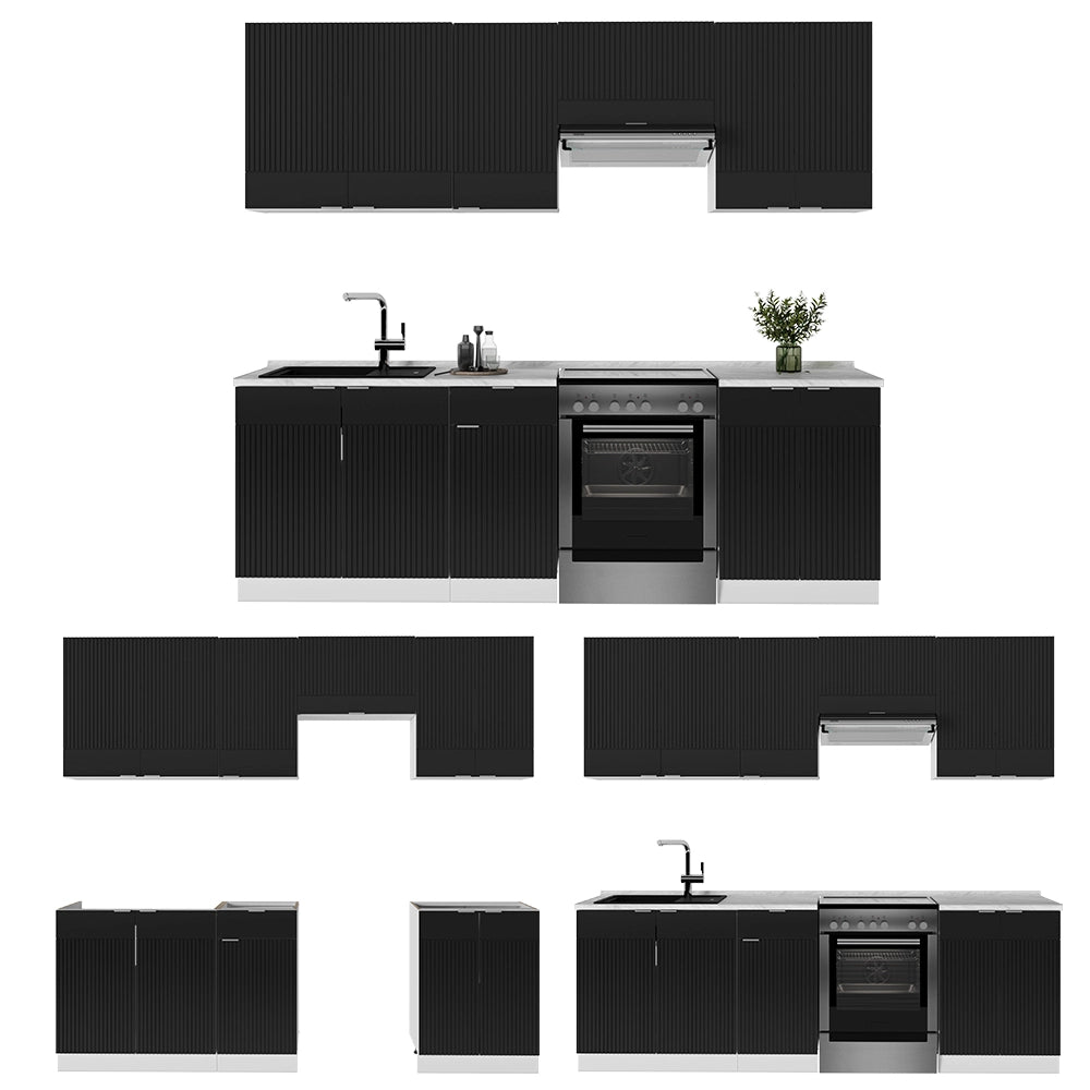 Cucina componibile Fame-Line Nero rigato/Bianco 240 cm, PL Marmo Vicco