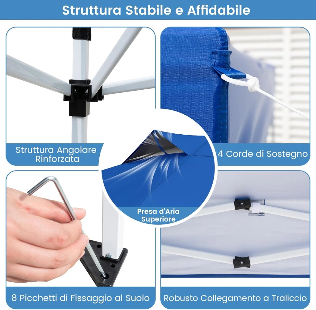 Gazebo Pop-up da 295 x 295 cm, Gazebo da Giardino Impermeabile con Blocco Centrale, Borsa da Trasporto Portatile, Corde Antivento, Picchetti, Tenda Regolabile in Altezza per Feste (Blu Chiaro)