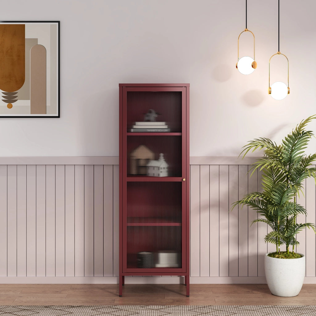 Armadio a Vetrata Säkylä con 4 Scomparti 150 x 50 x 35 cm in Acciaio - Rosso Vino [en.casa]