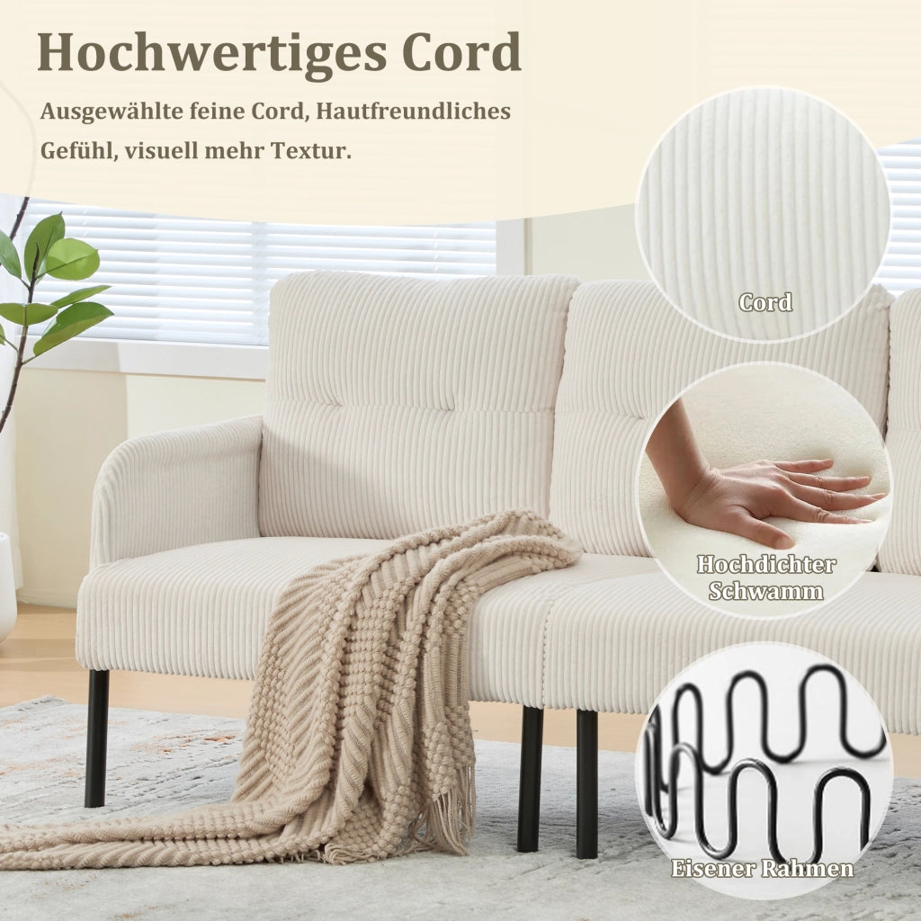 Divano a 3 posti in tessuto corduroy con seduta ampia, tasca laterale, schienale ergonomico e struttura in metallo beige