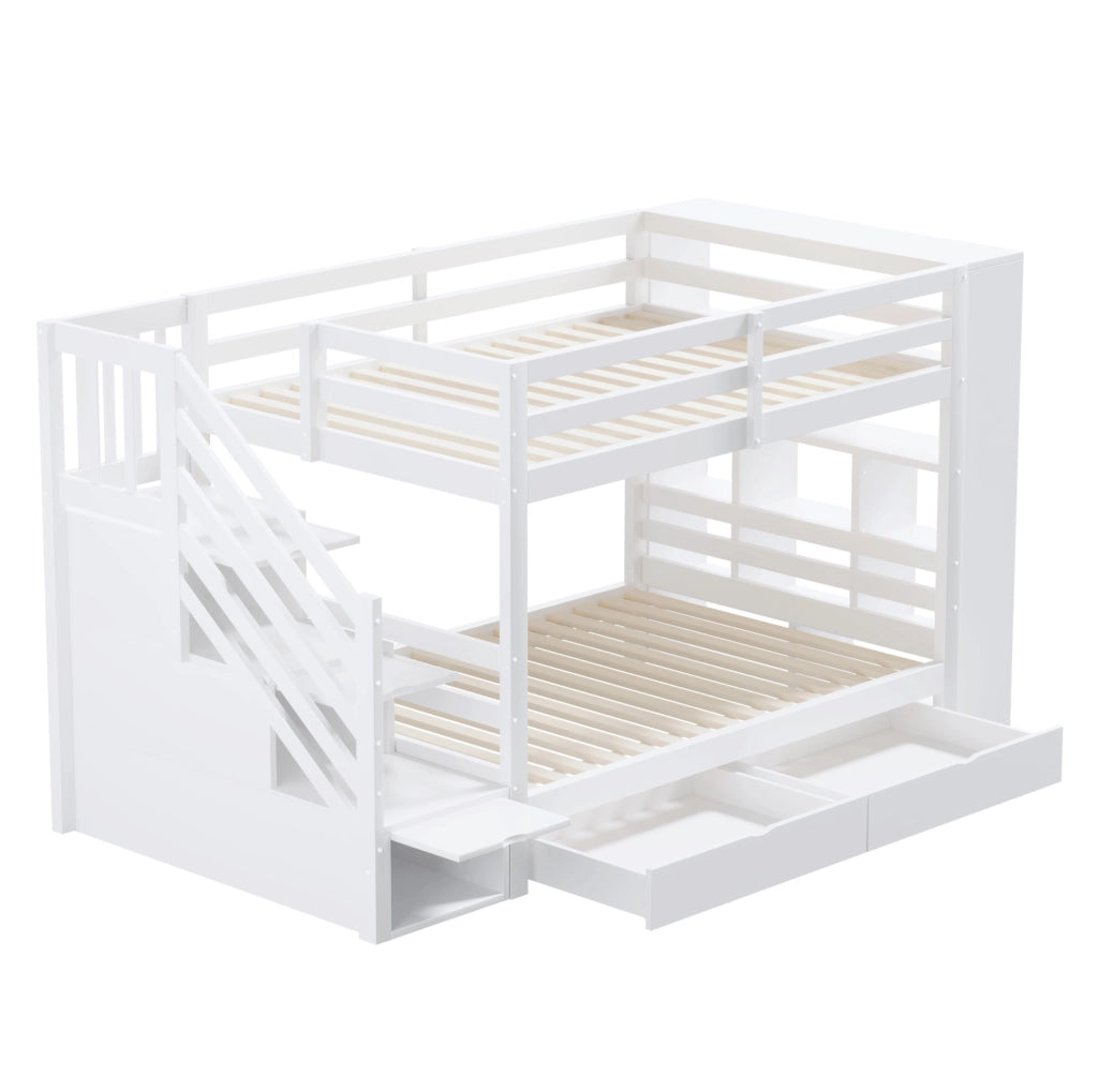 Letto a castello 90x200 cm con scala contenitore; cassetti e armadio laterale; in legno bianco
