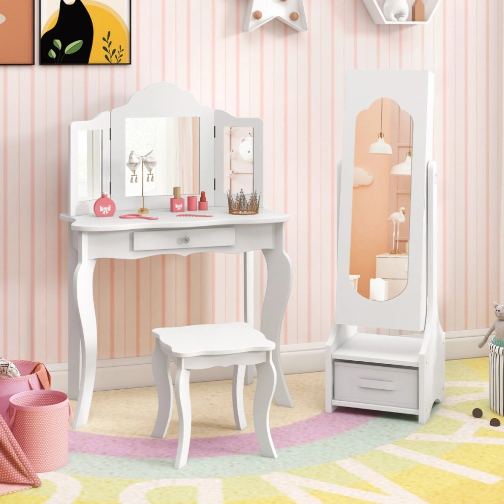 Armadio portagioie per bambine regalo di compleanno e natale per ragazze-Specchio da toilette per bambini con ganci ripiani e cassetti Bianco