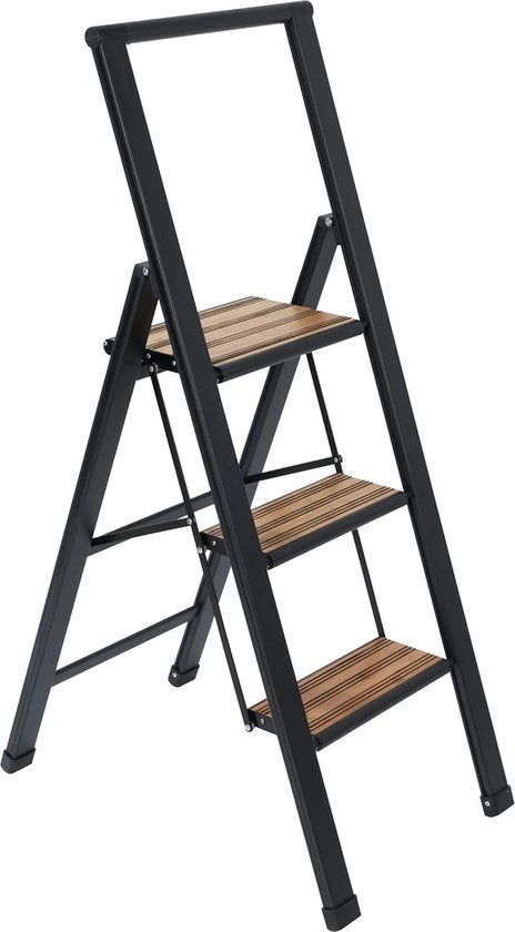 Scaffalatura a 3 livelli in alluminio con design, scala a ribaltamento in nero