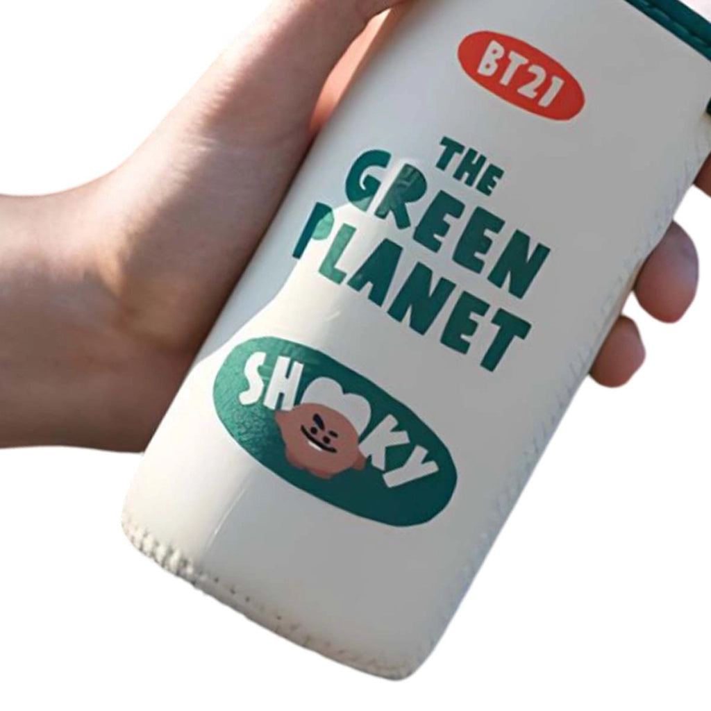 Borraccia in vetro riutilizzabile da 500 ml con motivo SHOOKY e custodia Bianco / Verde Line Friends BT21