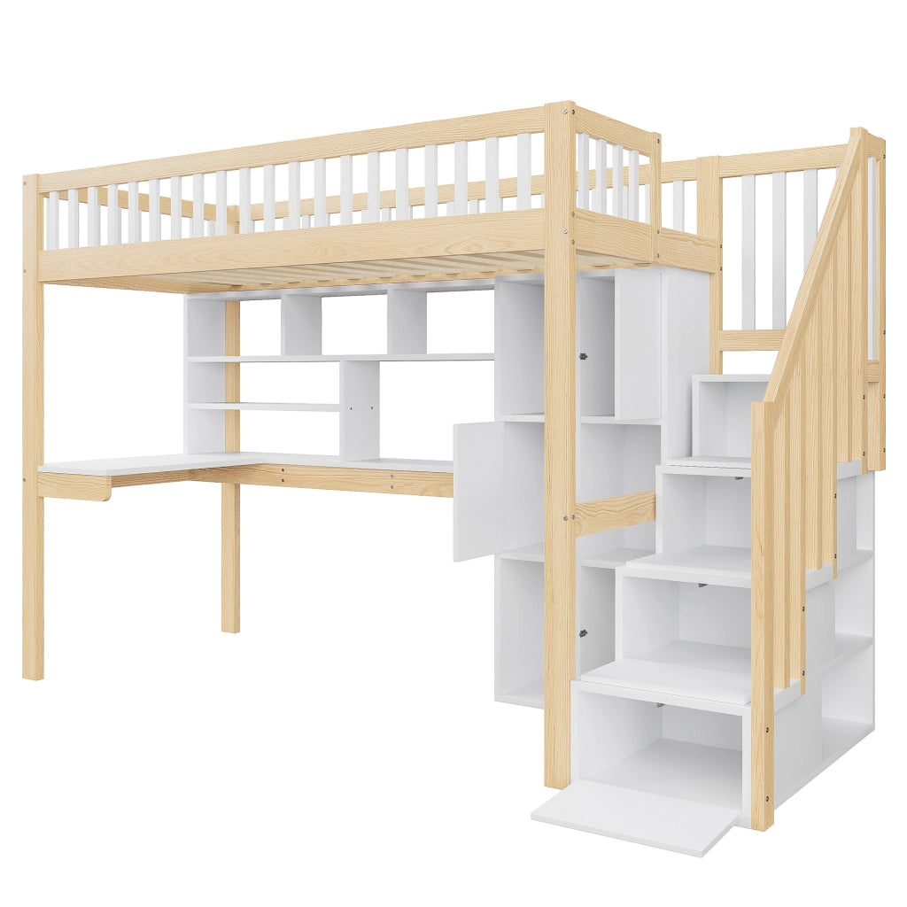 Letto a castello bianco e naturale con luci LED scaffali e scrivania in pino 90x200 cm