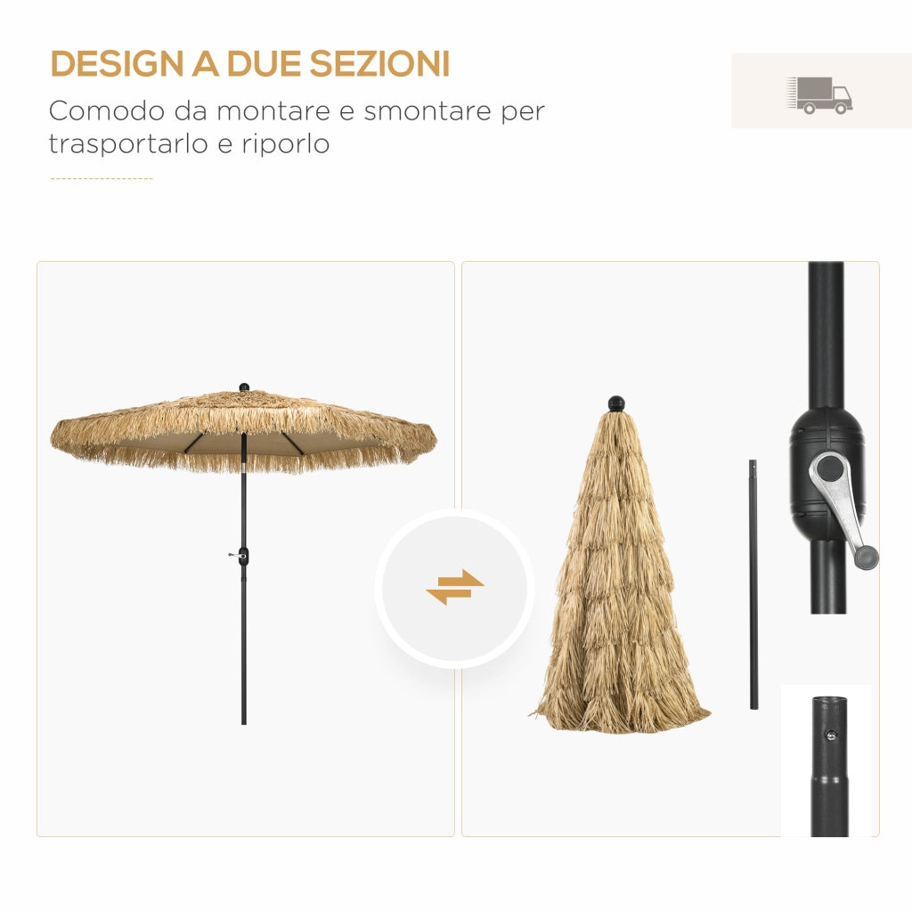 Ombrellone da Giardino Rotondo con Copertura in Paglia e Manovella, ?265x250cm, Cachi