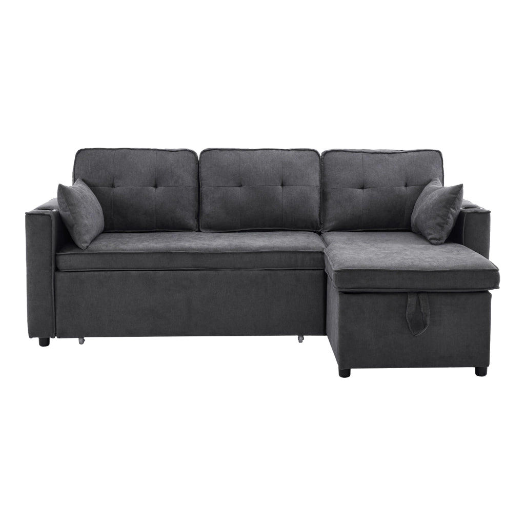 Divano letto angolare con chaise longue reversibile, contenitore e portabicchieri, stile moderno