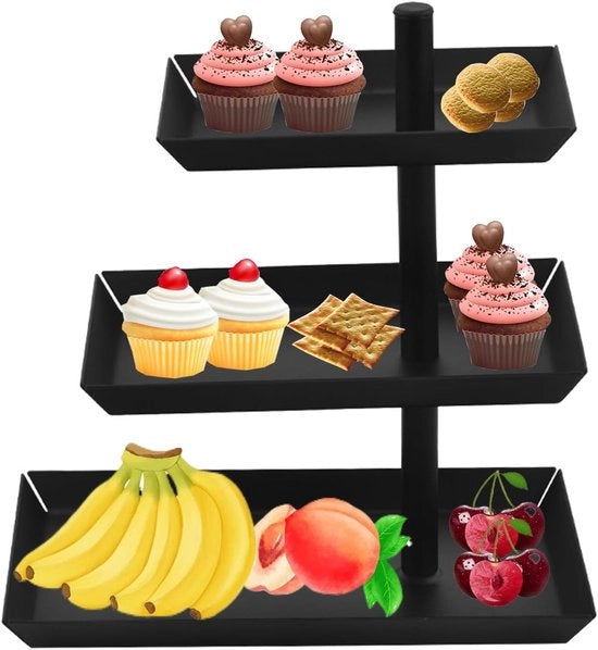 Piatto Rotativo per Festa 3 Livelli con 360° Rotazione, Supporto per Torta, Trattoria per Frutta e Verdure in Metallo Nero