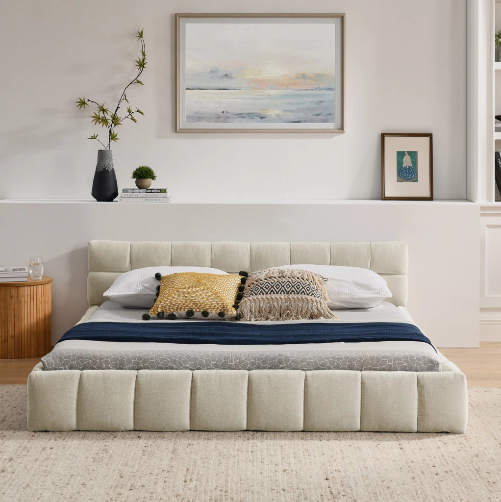 Letto matrimoniale 160x200 cm in chenille beige con struttura stabile