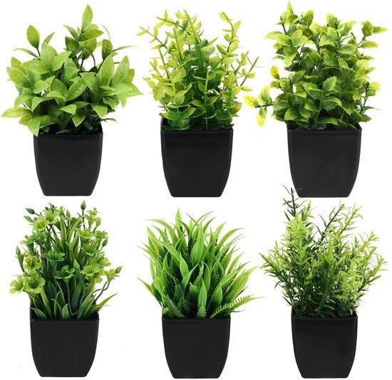 Collezione di 6 piante artificiali, piccole piante in vaso, piante finte, piante artificiali per camera da letto, bagno, cucina, casa, decorazione interna con vaso, piante artificiali (nero)