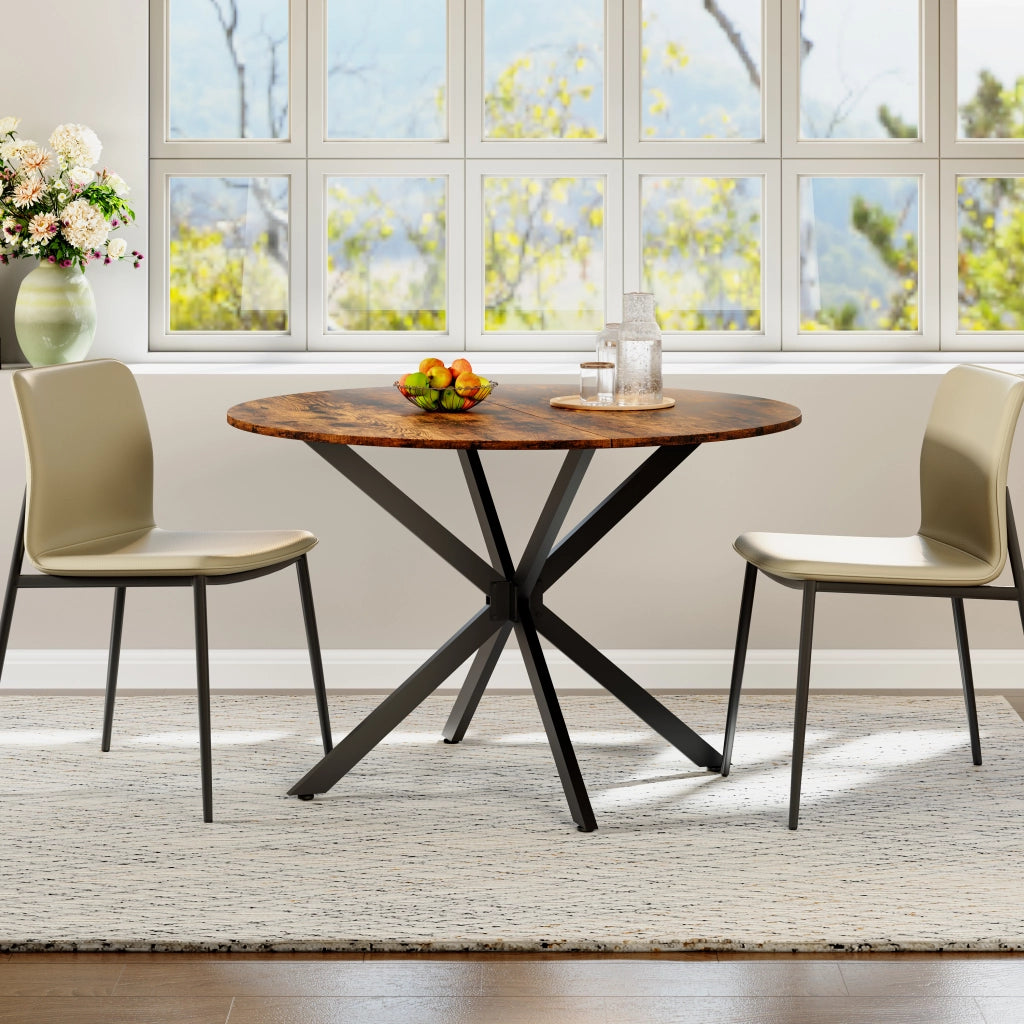 Tavolo da Pranzo Rotondo ?120 cm Stile Industriale ¨C MINIMAL ¨C Legno Marrone/Nero, Gambe a X