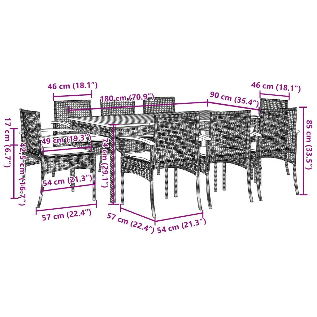 Set da Pranzo da Giardino 9 pz con Cuscini Nero in Polyrattan 3213565