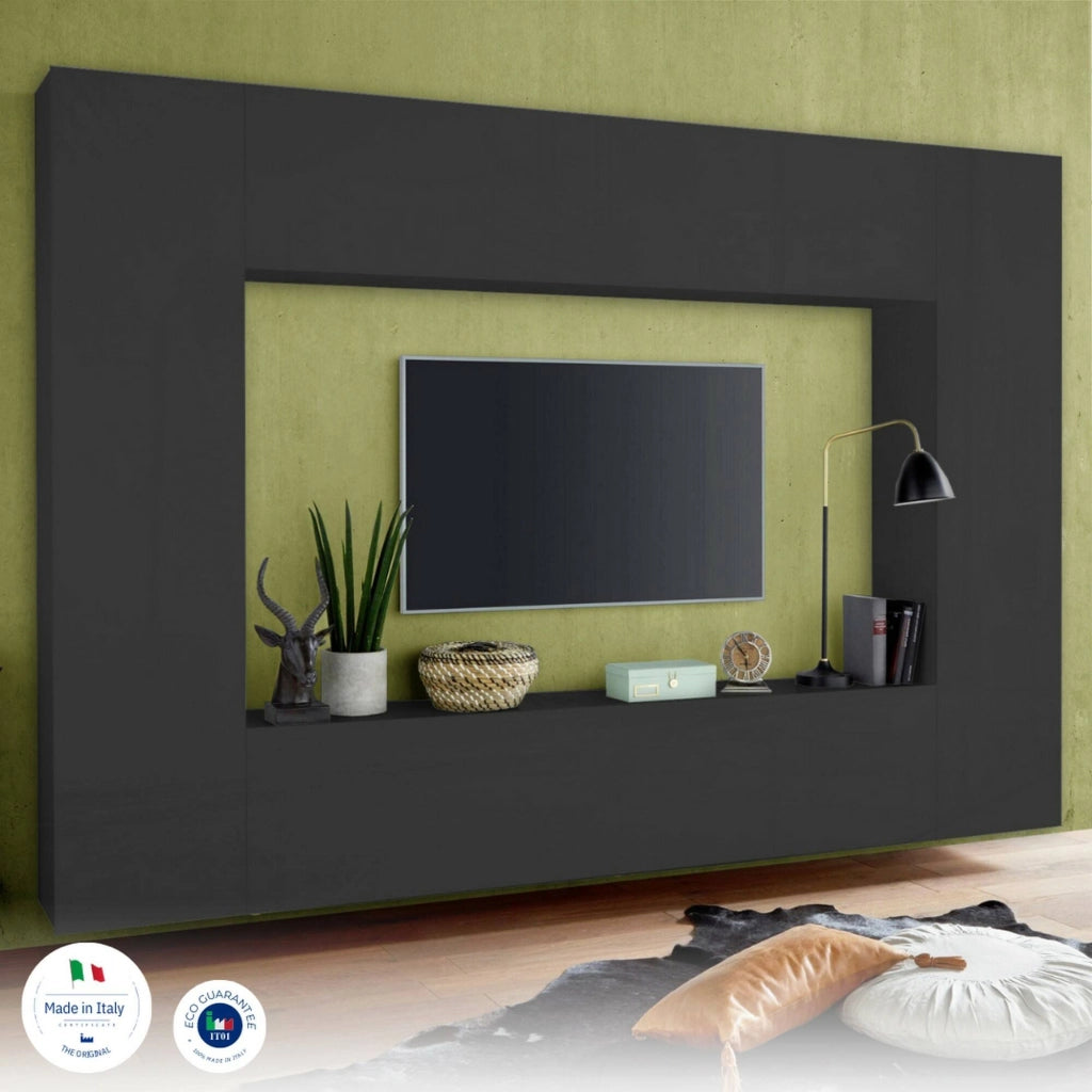 Parete attrezzata Amel, Set salotto porta TV a 4 ante, Mobile soggiorno multiuso, 100% Made in Italy, cm 260x30h180, Antracite