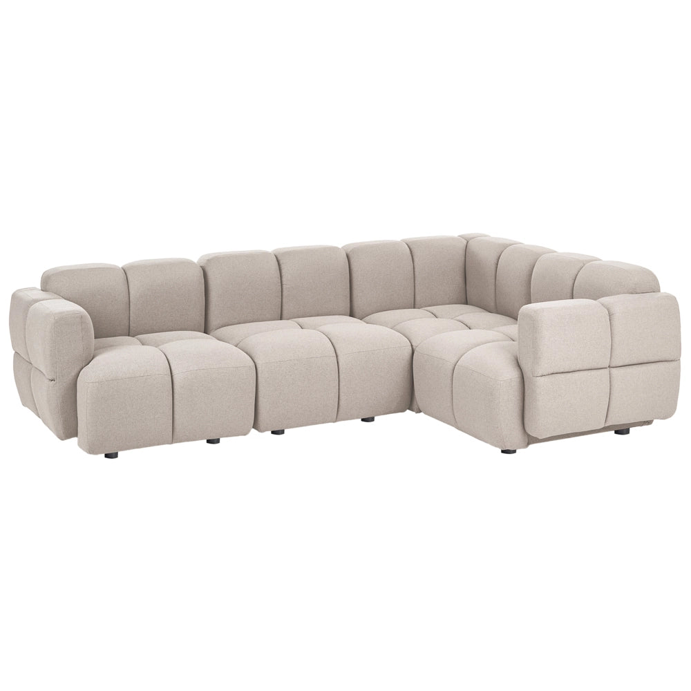 Divano modulare angolare sinistro a 4 posti, in tessuto beige, articolo modulare, divano componibile a quattro elementi, stile moderno