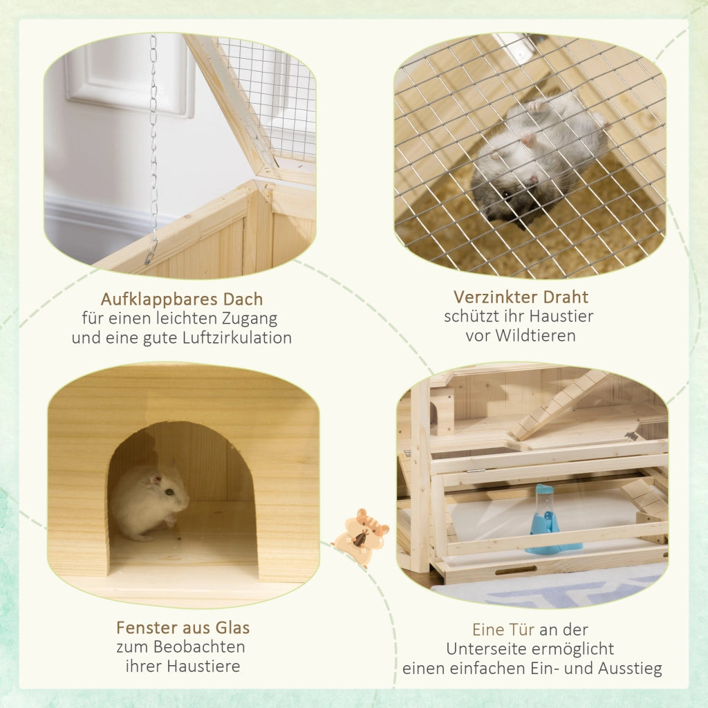 Scaffale a tre livelli con tetto apribile per piccoli animali in legno facile da pulire marrone naturale 115 × 60 × 55 cm