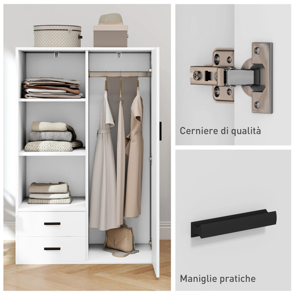 Armadio Moderno 80x50x124 cm Appendiabiti Cassetti e Mensole in Truciolare Bianco