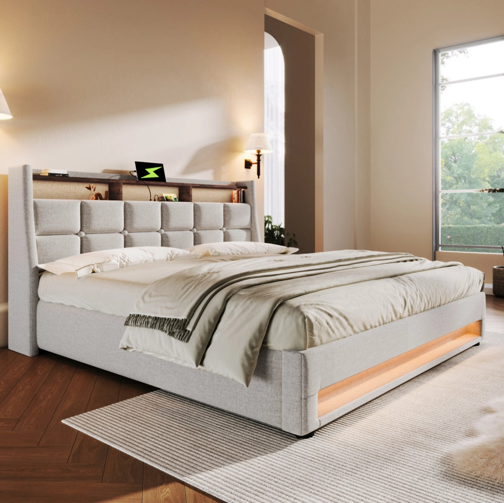 Letto matrimoniale imbottito 180x200 cm con LED e USB; stile vintage; lino beige
