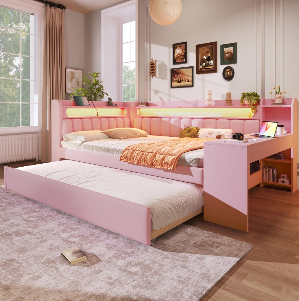 Divano letto imbottito 140x200 con letto estraibile; scrivania; LED e USB; rosa