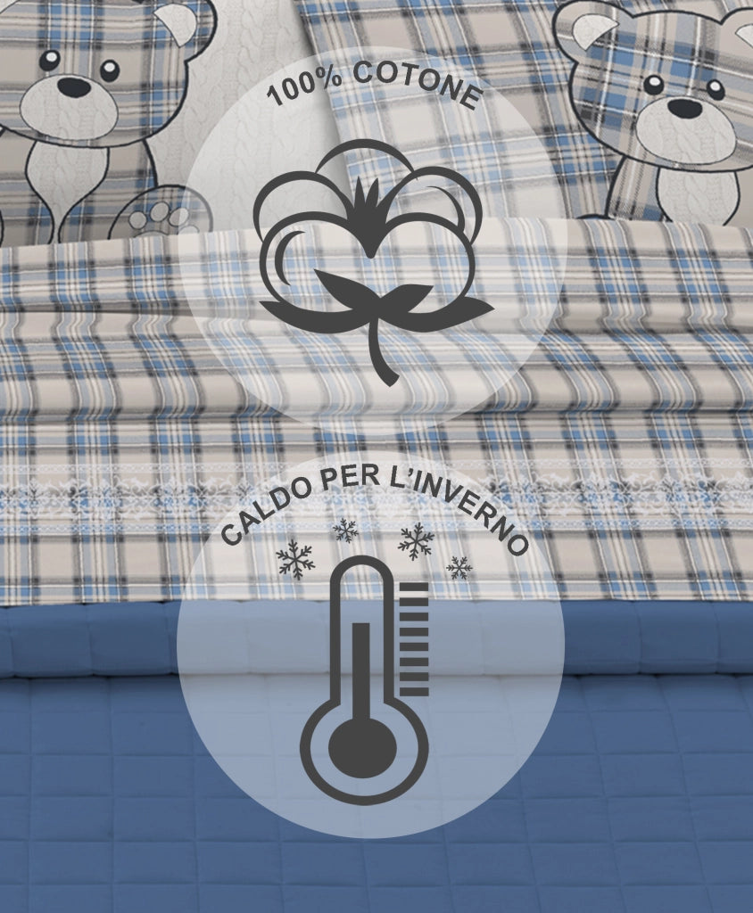 Completo Letto in Flanella Calda e Morbida Anti Pilling - Set Flanellato 3 Misure parure con Federe - Orsetto Tartan Azzurro - 2 Piazze