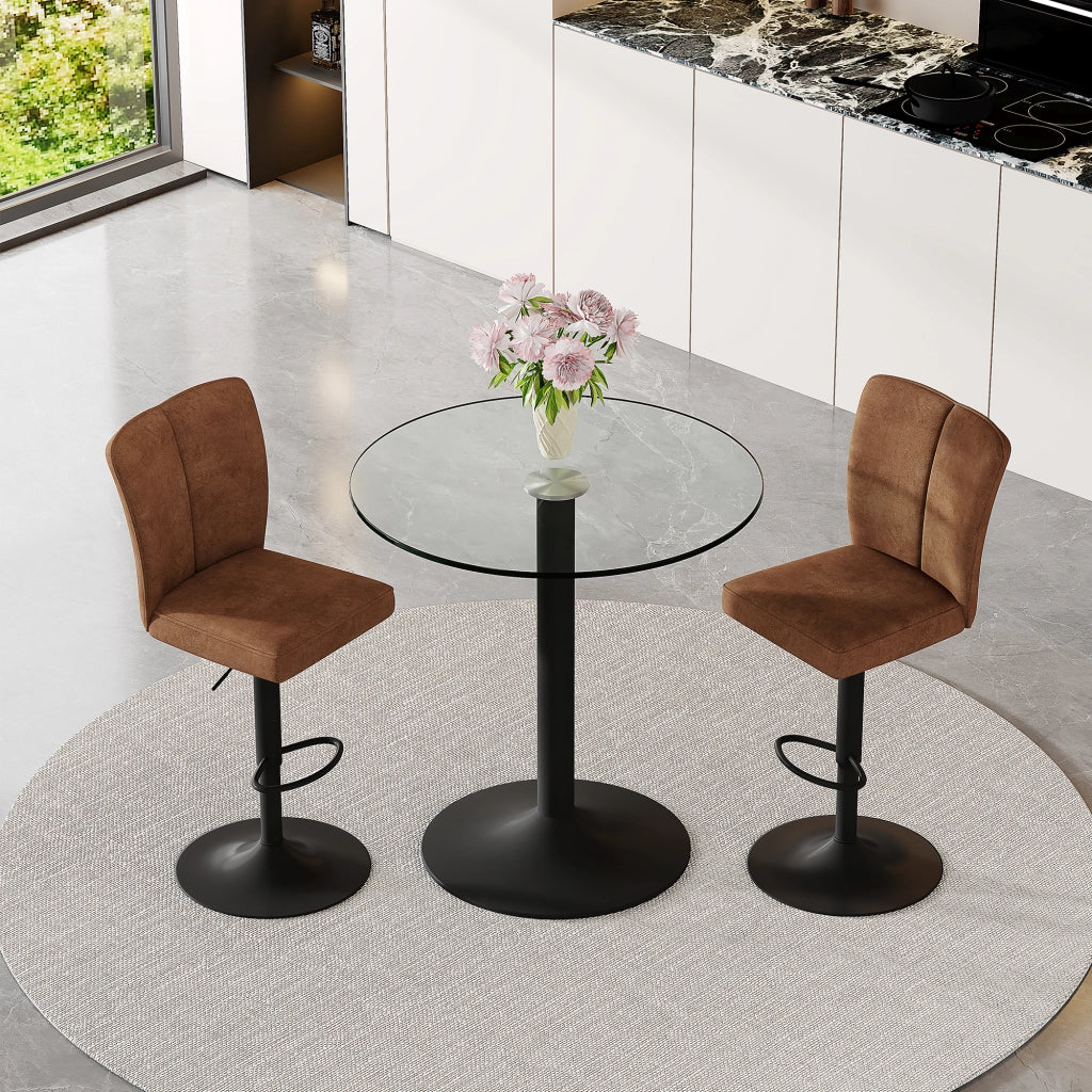 Tavolo da bar rotondo in vetro con 2 sgabelli girevoli e regolabili, per cucina e lounge, marrone e nero, Ø 89 cm