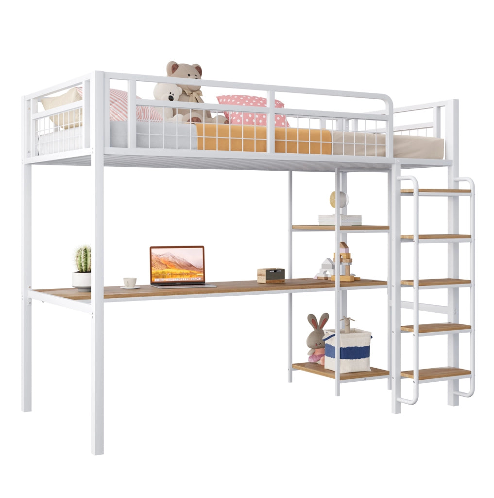 Letto a soppalco 90x200 cm in metallo bianco con scrivania