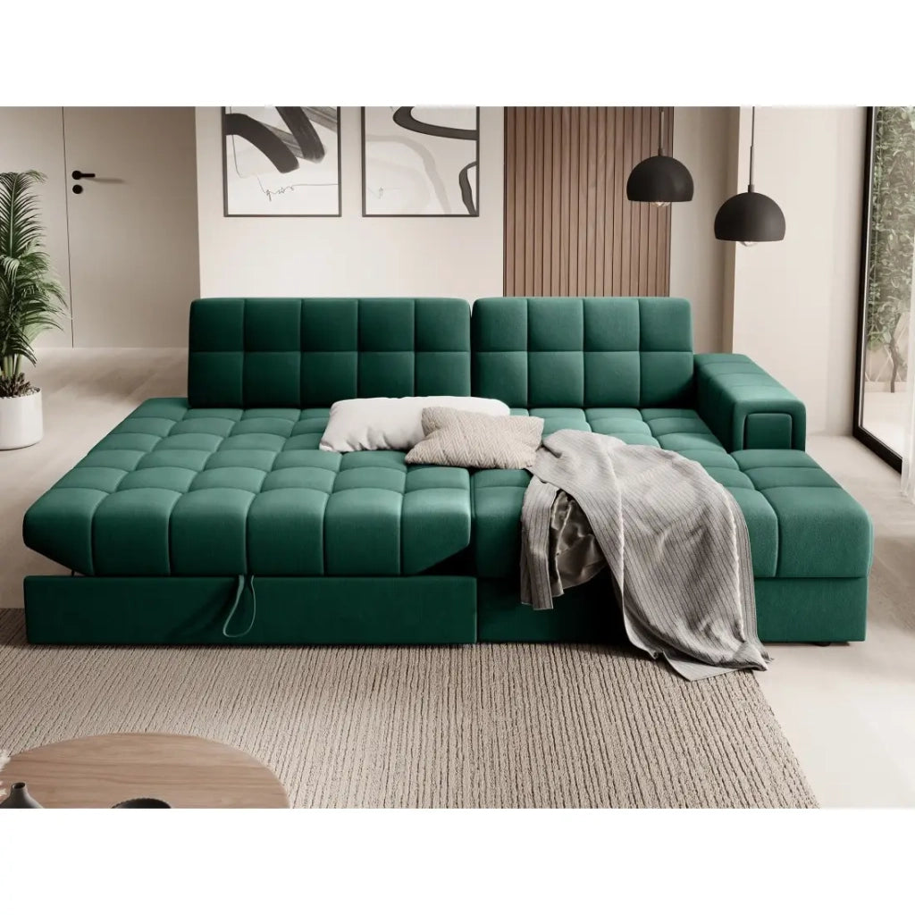 Divano angolare trasformabile CUBITO verde 240 cm con contenitore e letto