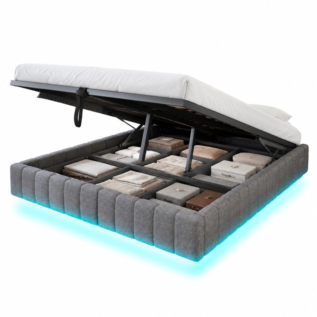Letto matrimoniale imbottito 160x200 cm con contenitore; luci LED; grigio