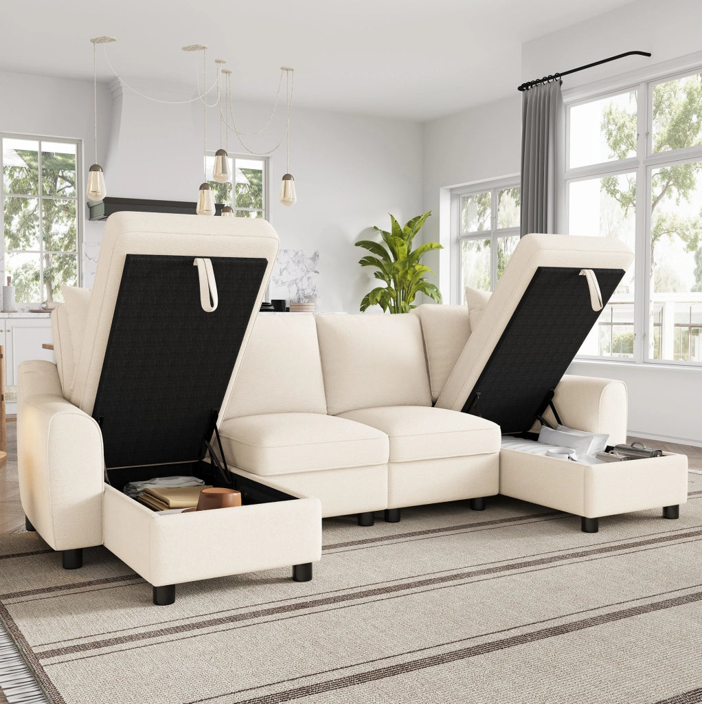 Divano a U in chenille beige con chaise longue contenitore; 280x137x84 cm