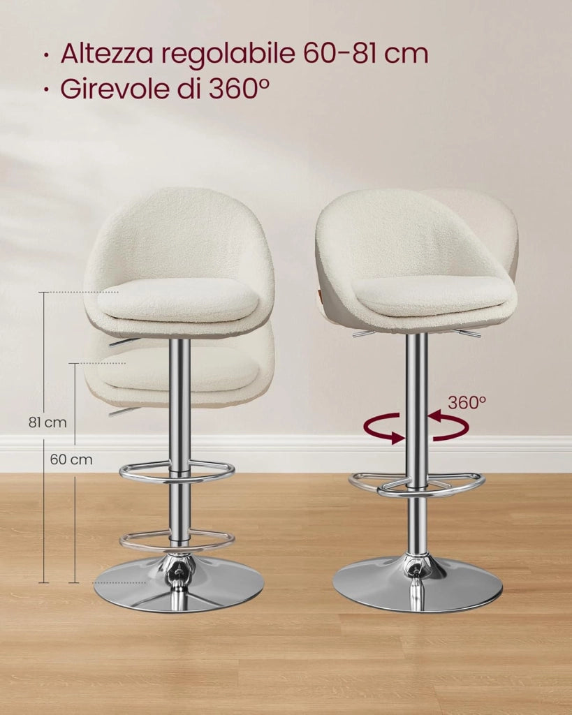 VASAGLE Sedie da Bar, Set di 2 Sgabelli da Bar, Regolabile in Altezza, Girevole a 360°, Sedia da Cucina, con Schienale, Poggiapiedi, in Acciaio, per Bancone, Sala da Pranzo, Bianco Crema LJB110W01