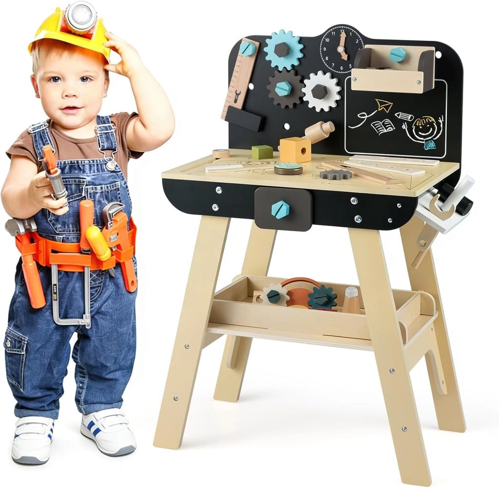 Banco da Lavoro in Legno per Bambini, Set Attrezzi Giocattolo con Martello, Cesello, Chiave Inglese, Ripiani e Ganci per Archivio, Tavolo da Lavoro Giocattolo Officina 3+ Anni