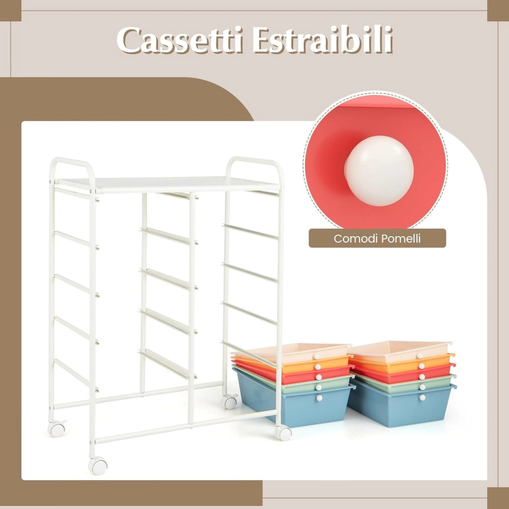 Carrello a 10 Cassetti con Ruote, di Stoccaggio con Stabilità Elevata, Multiuso per Casa Ufficio e Scuola, 65,5 x 37 x 87 cm (Bianco)