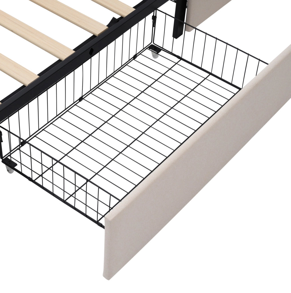 Letto 160x200 cm con testiera regolabile; LED e 4 cassetti in legno e tessuto di lino beige